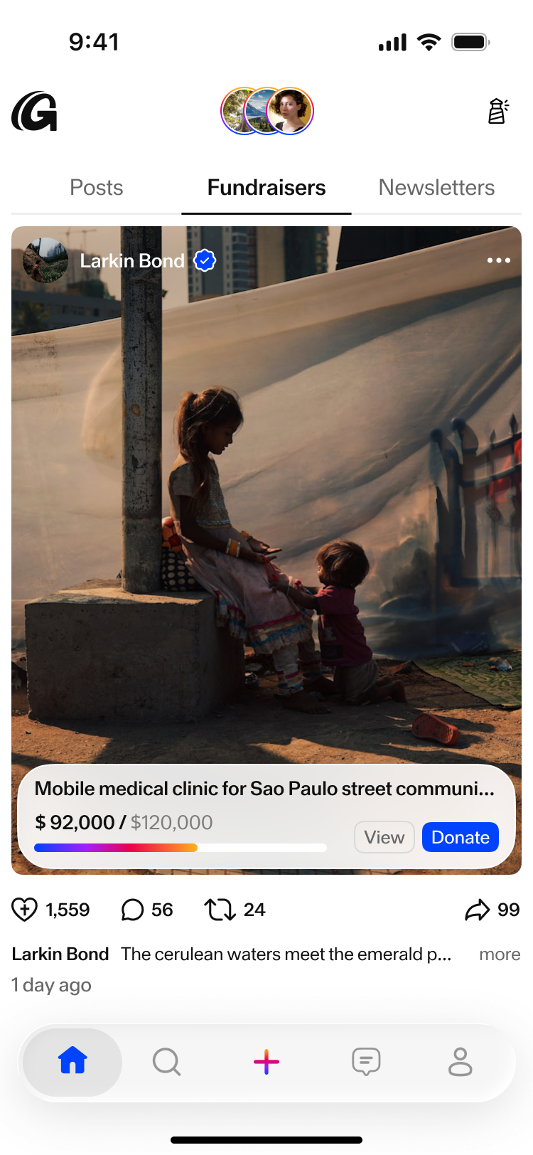 A fundraiser post in the feed